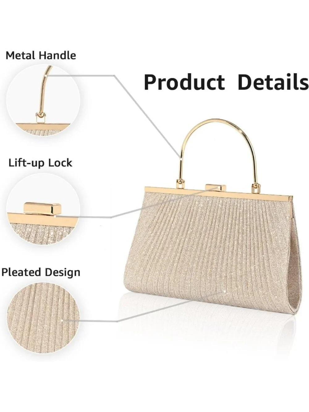 Women's Gold Glitter Pleated Clutch Purse For Sparkly Evening Wedding Bag